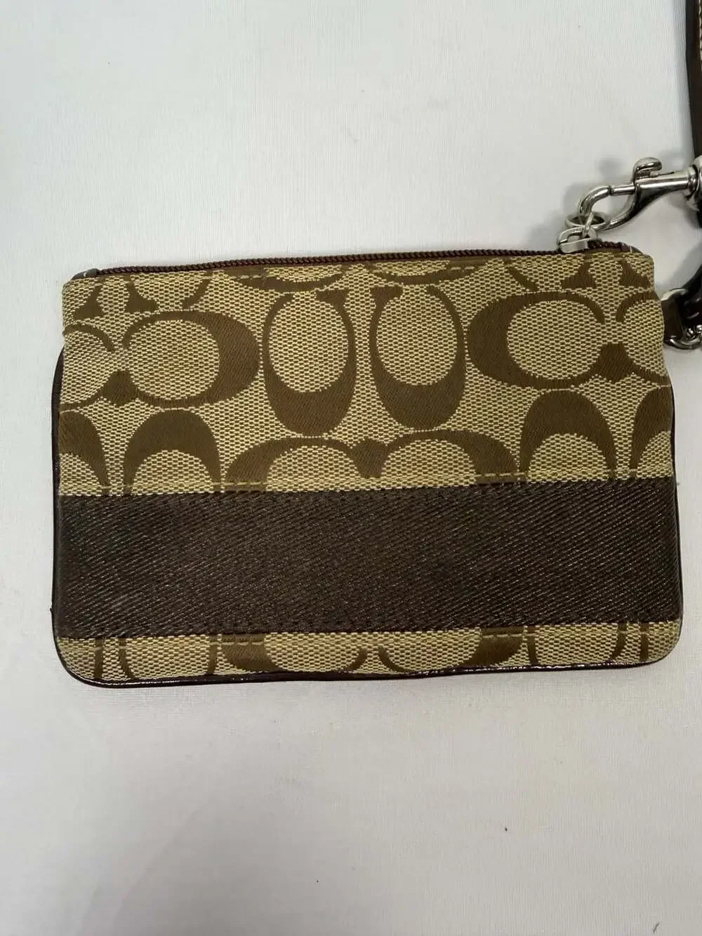 Coach Signature Monogram Brown Canvas and Leather Wristlet Pouch